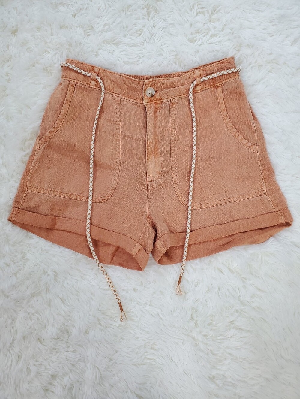 C&C California Size 2 Rust Orange Linen Blend Shorts With Rope Tie Belt